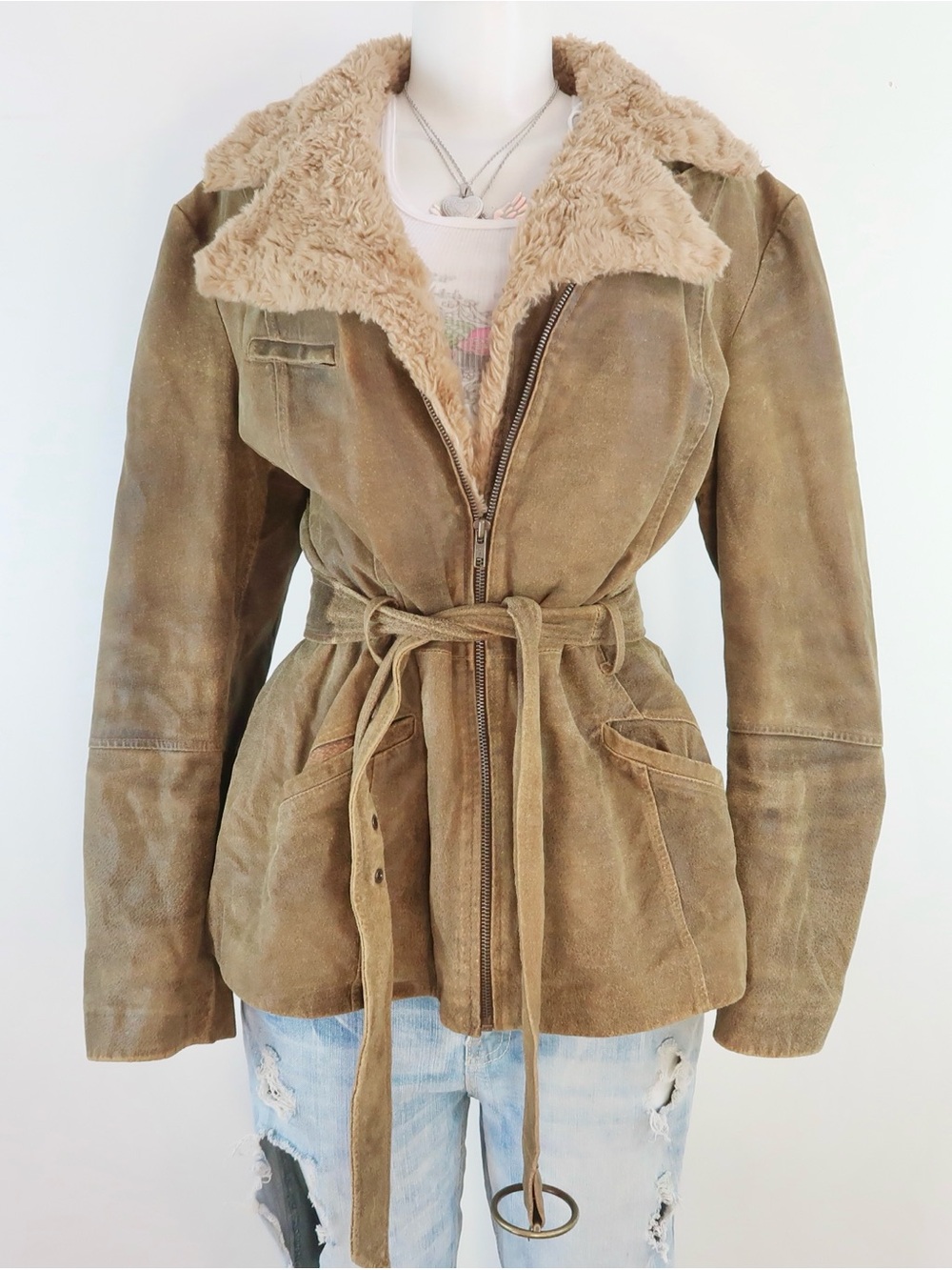 y2k brown suede leather jacket faux fur collar belted coat
